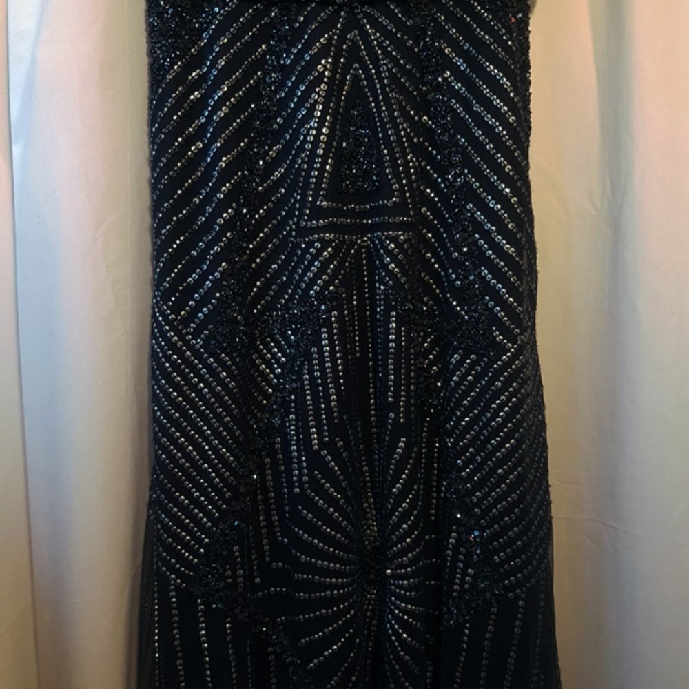 Anthropologie AIDAN MATTOX Navy Sheer Silver Sequin Maxi Gown 6 - Picture 6 of 11